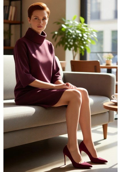 Kadın Düz Desen Balıkçı Yaka Örme Elbise Shift Kalıp Düşük Truvakar Kol Kış Sezonu Için Ideal Mini fırsatları