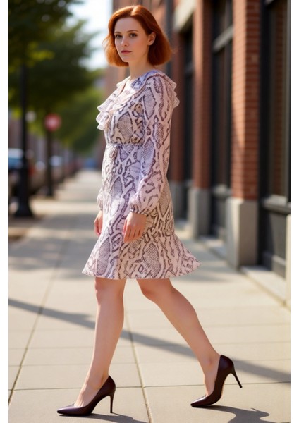 Kadınlar Için Trend Animal Desenli V Yaka Uzun Kollu Şifon Dokuma A Line Mini Elbise Kaliteli fırsatları