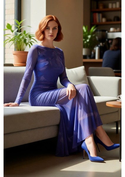 Kadın Fashion Forward Tül Örme Balık Kesim Uzun Kol Abiye Maxi Gece Elbisesi Şık Ortam Kaliteli fırsatları