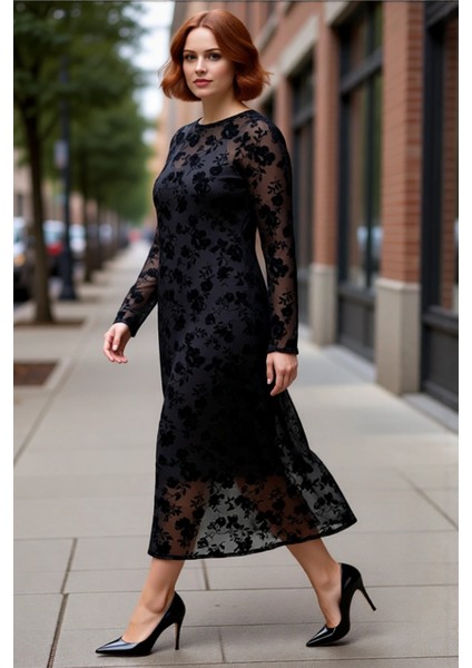 Kadın Siyah Çiçekli A Line Maxi Boy Tül Elbise Uzun Kollu Bisiklet Yaka Şık Büyük Beden Stil