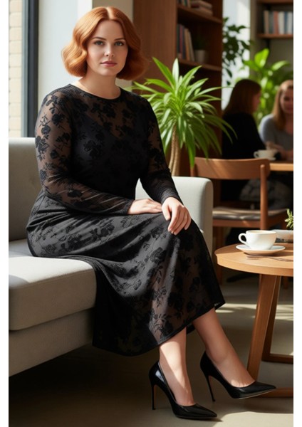 Kadın Siyah Çiçekli A Line Maxi Boy Tül Elbise Uzun Kollu Bisiklet Yaka Şık Büyük Beden Stil fiyatları