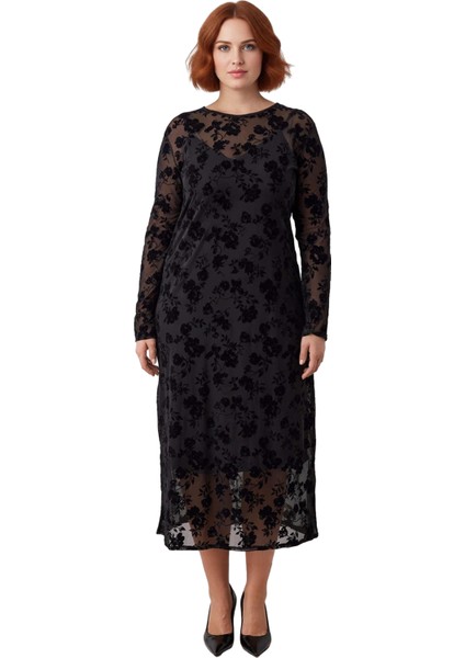 Kadın Siyah Çiçekli A Line Maxi Boy Tül Elbise Uzun Kollu Bisiklet Yaka Şık Büyük Beden Stil modelleri