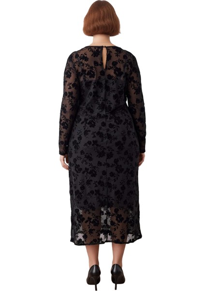 Kadın Siyah Çiçekli A Line Maxi Boy Tül Elbise Uzun Kollu Bisiklet Yaka Şık Büyük Beden Stil fırsatları