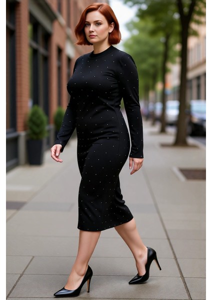 Kadın Siyah Bodycon Triko Midi Elbise Bisiklet Yaka Taş Detaylı Uzun Kol Kışlık Şık Seçim Kaliteli