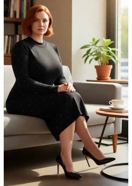 Kadın Siyah Bodycon Triko Midi Elbise Bisiklet Yaka Taş Detaylı Uzun Kol Kışlık Şık Seçim Kaliteli fiyatları