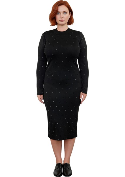 Kadın Siyah Bodycon Triko Midi Elbise Bisiklet Yaka Taş Detaylı Uzun Kol Kışlık Şık Seçim Kaliteli modelleri