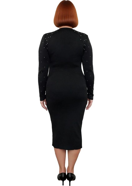 Kadın Siyah Bodycon Triko Midi Elbise Bisiklet Yaka Taş Detaylı Uzun Kol Kışlık Şık Seçim Kaliteli fırsatları