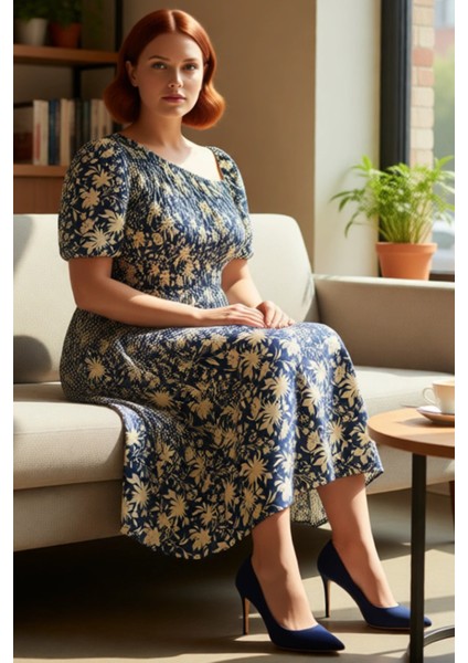 Kadın Büyük Beden A Kesim Dokuma Çiçekli Asimetrik Yaka Balon Kol Midi Elbise Rahat Şıklık Sunar fiyatları