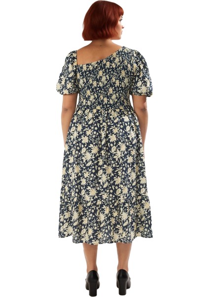 Kadın Büyük Beden A Kesim Dokuma Çiçekli Asimetrik Yaka Balon Kol Midi Elbise Rahat Şıklık Sunar fırsatları