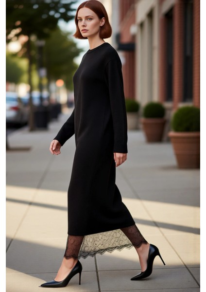 Kadın Tesettür Giyim Maxi Triko Elbise Dantel Etek Ucu Detaylı Bisiklet Yaka Rahat ve Şık Kışlık modelleri