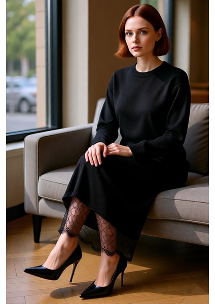 Kadın Tesettür Giyim Maxi Triko Elbise Dantel Etek Ucu Detaylı Bisiklet Yaka Rahat ve Şık Kışlık fırsatları