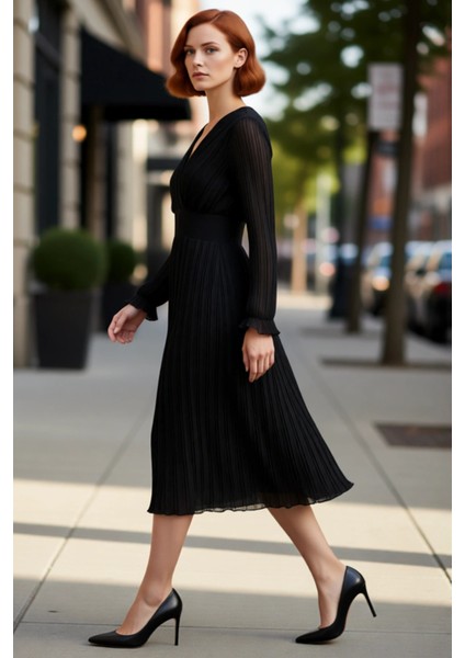 Kadın Siyah Piliseli Şifon Elbise Midi Boy Kruvaze Yaka Kuşaklı Astarlı Uzun Standart Kol Kaliteli modelleri