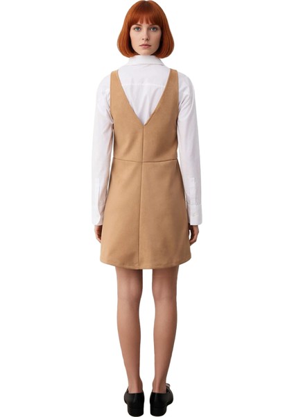 Şık Kadın Süet Dokulu Bej V Yaka Jile Mini Elbise Bodycon Kesim Kış ve Sonbahar Için Ideal fiyatları