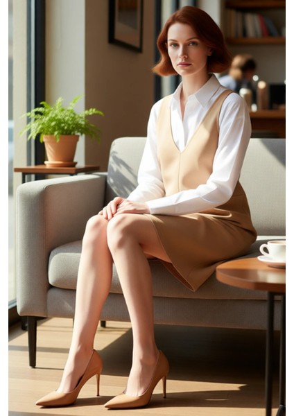 Şık Kadın Süet Dokulu Bej V Yaka Jile Mini Elbise Bodycon Kesim Kış ve Sonbahar Için Ideal fırsatları