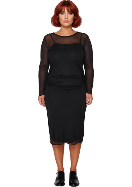 Şık Kadın Bodycon Kesim Midi Boy Elbise Uzun Kollu Tül Dokulu Örme Kumaş Günlük Kullanım Kaliteli