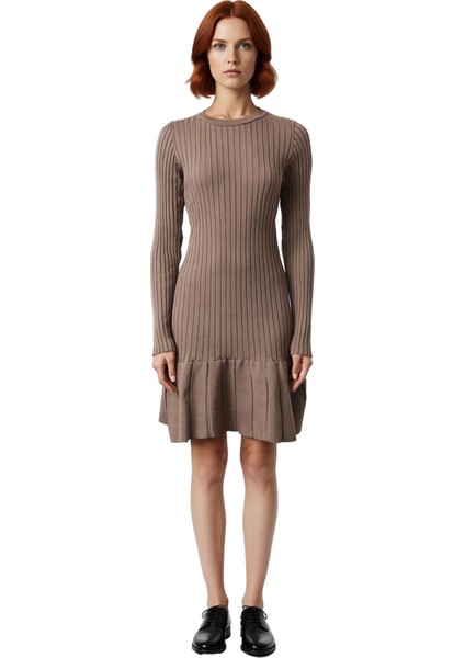 Kadınlar Için Bordo A Kesim Triko Elbise Mini Boy Uzun Standart Kol Kışlık Gündüz Gece Kombin