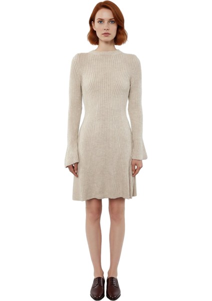 Kadın Gri Düz Desen A Line Siluet Akrilik Triko Elbise Uzun Kollu Bisiklet Yaka Günlük Şıklık