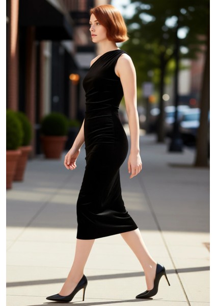Kadınlar Için Tek Omuz Siyah Kadife Bodycon Abiye Maxi Elbise Gece Davetleri Stili Kaliteli modelleri