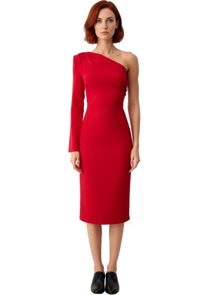 Kadın Tek Kol Uzun Kollu Bodycon Midi Asimetrik Yaka Dokuma Smart Kokteyl Elbisesi Stili Kaliteli