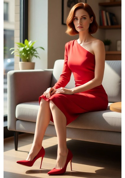 Kadın Tek Kol Uzun Kollu Bodycon Midi Asimetrik Yaka Dokuma Smart Kokteyl Elbisesi Stili Kaliteli fırsatları