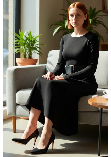 Kadın Siyah Triko Maxi Elbise Havuz Yaka A Kesim Kemerli Uzun Kollu Kışlık Konforlu Şık Giyim