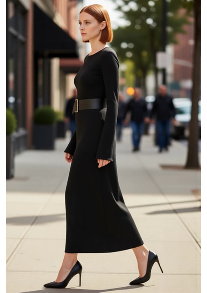 Kadın Siyah Triko Maxi Elbise Havuz Yaka A Kesim Kemerli Uzun Kollu Kışlık Konforlu Şık Giyim fırsatları