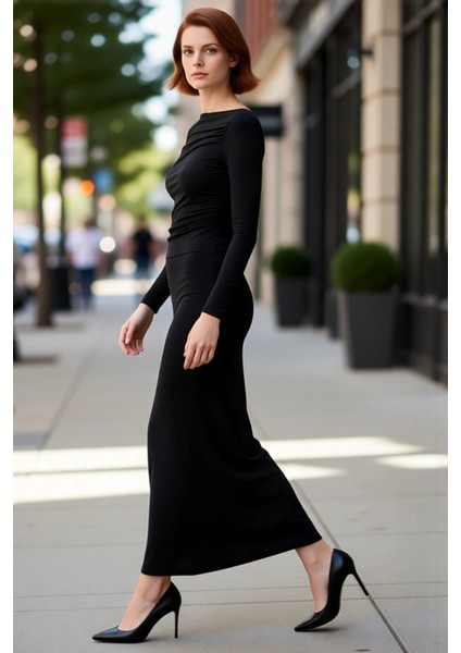 Kadın Zarif Kayık Yaka Bodycon Midi Elbise Uzun Kollu Esnek Örme Kumaş Drape Detaylı Şık Görünüm fırsatları