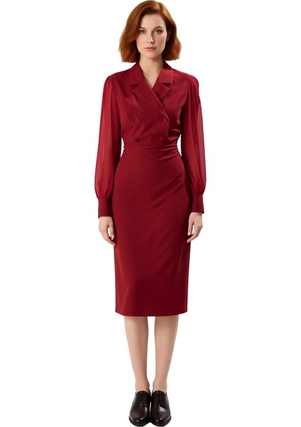 Kadın Şık Bodycon Dokuma Midi Elbise Ceket Yaka ve Balon Kol Detayları Ile Özel Günler Için Ideal