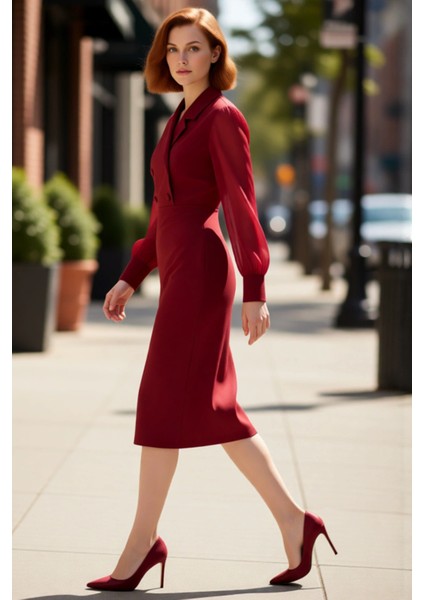 Kadın Şık Bodycon Dokuma Midi Elbise Ceket Yaka ve Balon Kol Detayları Ile Özel Günler Için Ideal modelleri