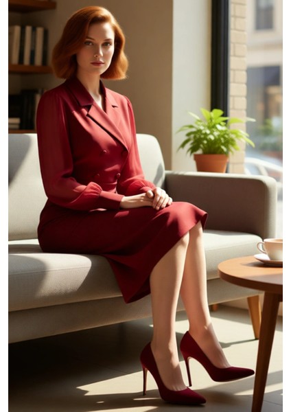 Kadın Şık Bodycon Dokuma Midi Elbise Ceket Yaka ve Balon Kol Detayları Ile Özel Günler Için Ideal fırsatları