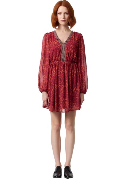 Kadın Şifon Dokuma Skater Mini Elbise V Yaka Uzun Kollu Astarlı Gündüz Gece Şık Stili Kaliteli