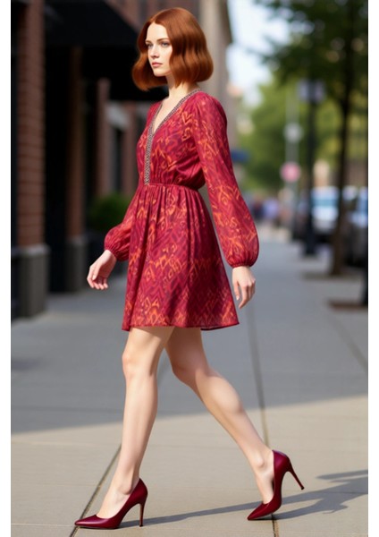 Kadın Şifon Dokuma Skater Mini Elbise V Yaka Uzun Kollu Astarlı Gündüz Gece Şık Stili Kaliteli modelleri