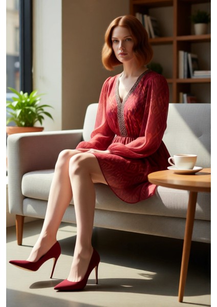 Kadın Şifon Dokuma Skater Mini Elbise V Yaka Uzun Kollu Astarlı Gündüz Gece Şık Stili Kaliteli fırsatları