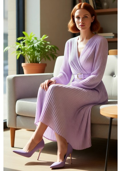 Kadın A Kesim Piliseli Şifon Uzun Kollu Maxi Elbise Kruvaze Yaka Kemerli Şık ve Rahat Kombinler