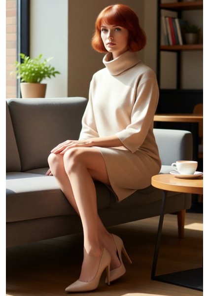 Kadın Casual Örme Selanik Mini Elbise Balıkçı Yaka Düşük Truvakar Kol Kış Şıklığı Için Rahat ve