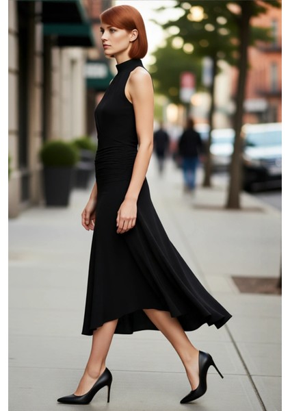 Kadın Şık Gece Elbisesi Volanlı Etek Ucu Midi Boy Kolsuz Dik Yaka Modern ve Çekici Bir Stil Yaratır fırsatları