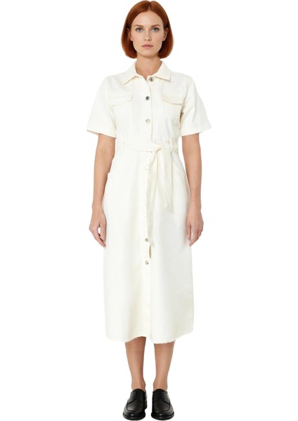 Kadın Basic Ekru Kısa Kollu Rigid Dokuma Kemerli %100 Pamuk Denim Maxi Elbise Kaliteli Şık