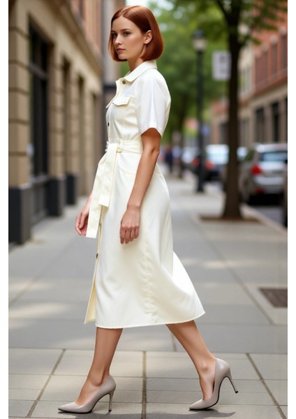 Kadın Basic Ekru Kısa Kollu Rigid Dokuma Kemerli %100 Pamuk Denim Maxi Elbise Kaliteli Şık modelleri