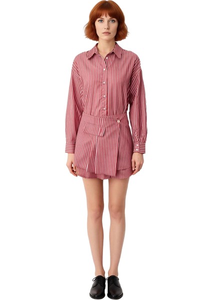 Kadın Bordo Çizgili Mini Gömlek Elbise Fashion Forward Tarzı Düğmeli Detaylı Terrycotton Kumaş