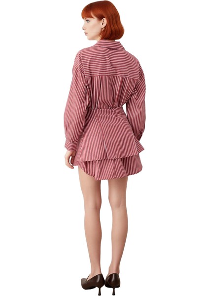 Kadın Bordo Çizgili Mini Gömlek Elbise Fashion Forward Tarzı Düğmeli Detaylı Terrycotton Kumaş fiyatları