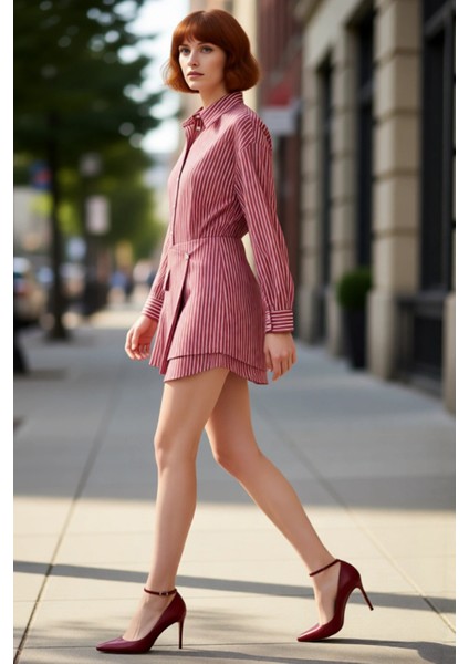Kadın Bordo Çizgili Mini Gömlek Elbise Fashion Forward Tarzı Düğmeli Detaylı Terrycotton Kumaş modelleri