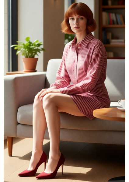 Kadın Bordo Çizgili Mini Gömlek Elbise Fashion Forward Tarzı Düğmeli Detaylı Terrycotton Kumaş fırsatları