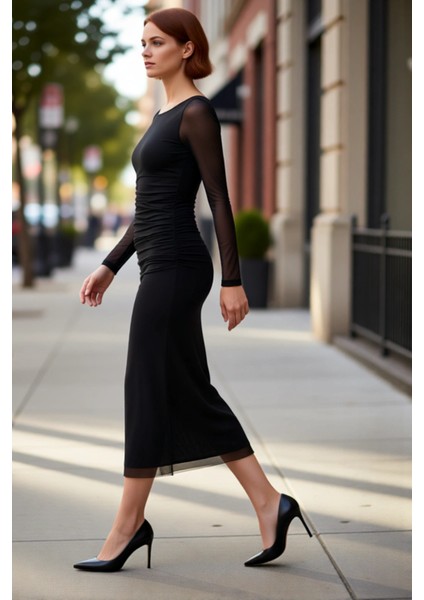 Kadın Zarafeti Yansıtan Bodycon Kesim Agraflı Uzun Kollu Tül Detaylı Örme Maxi Elbise Kaliteli fırsatları