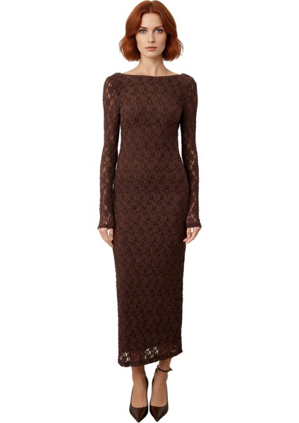 Kadın Zarif Bodycon Siluet Kayık Yaka Uzun Kollu Astarlı Dantel Örme Maxi Abiye Elbisesi Kaliteli fiyatları