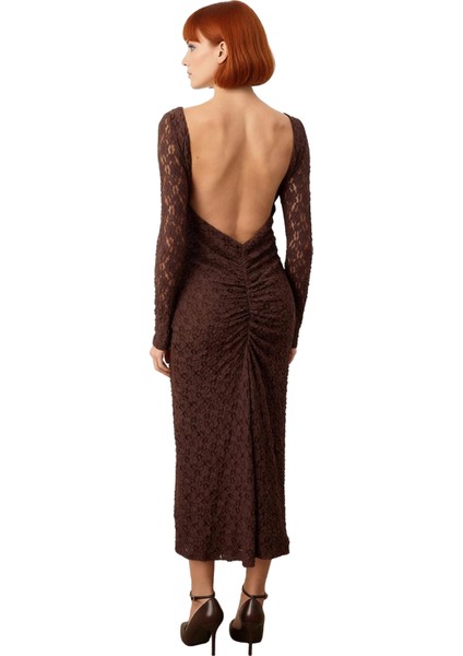 Kadın Zarif Bodycon Siluet Kayık Yaka Uzun Kollu Astarlı Dantel Örme Maxi Abiye Elbisesi Kaliteli modelleri