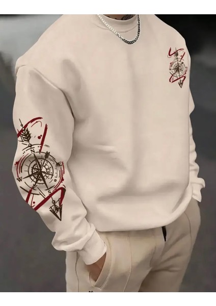 Büyük Beden Özel Tasarım Pusula Kol Göğüs Baskılı %100 Pamuk Oversize Trend Erkek Sweatshırt