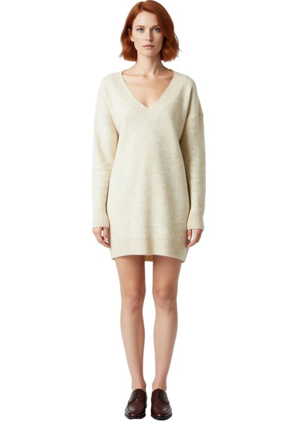 Kadın Düz Desen Mini Boy Triko Kazak Elbise Rahat Kesim V Yaka Kış Sezonu Için Mükemmel Kaliteli