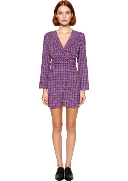 Kadınlara Özel Tüvit Dokulu Ekose Desenli Ceket Yaka Uzun Kollu %100 Pamuk Kısa Elbise Kışlık