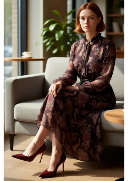 Kadın Tesettür Kemerli Şal Desen Balon Kol Dokuma Şifon Maxi Elbise Kış Günleri Için Konfor