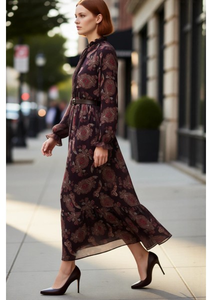 Kadın Tesettür Kemerli Şal Desen Balon Kol Dokuma Şifon Maxi Elbise Kış Günleri Için Konfor fırsatları